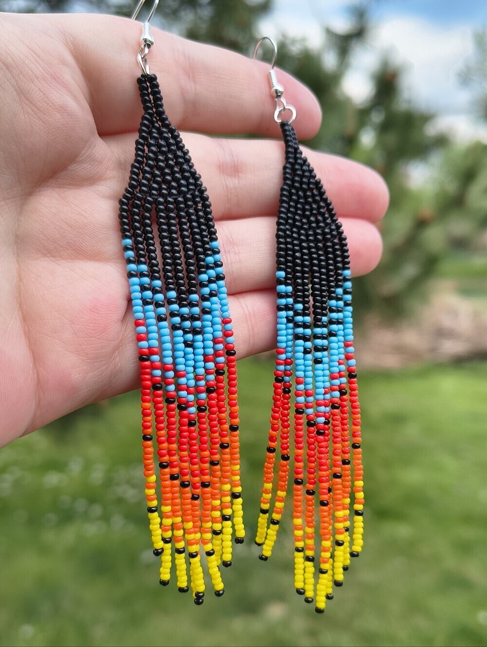 Native American Handmade Beaded Fringe Earrings Black Sunset Gradient - Picture 5 of 8